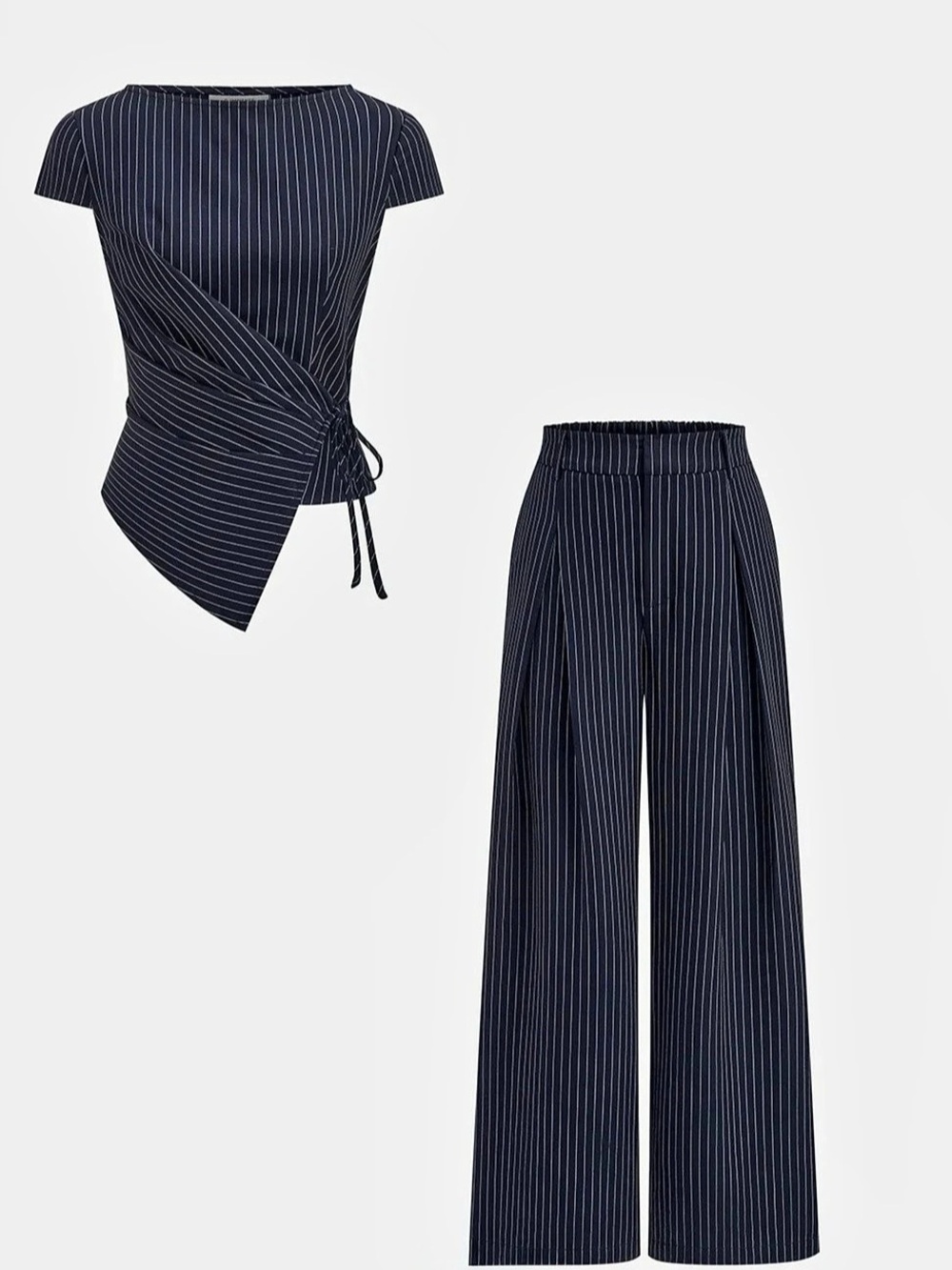 Commense Pinstripe Wrap Tie Top & Wide-Leg Pants Set Large